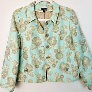 Juliana Collezione Light Turquoise Gold Floral Satin Lined Blazer Jacket Size 8